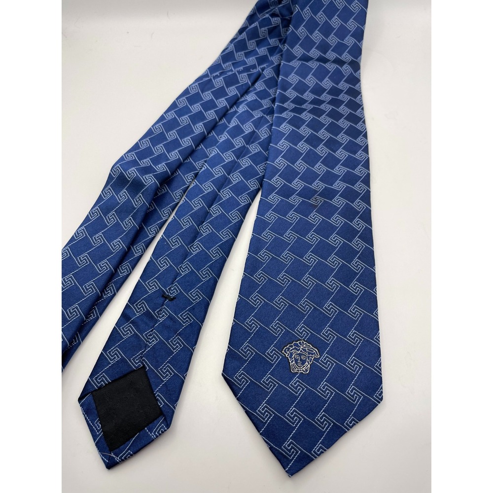 Versace Blue Silk Greek Key Medusa Head Logo Tie Made in Italy ICRV701